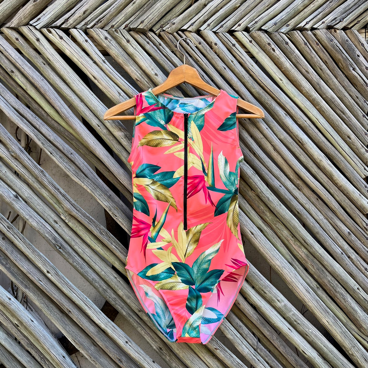 Coral Strelitzia Sleeveless Front Zip Swimsuit