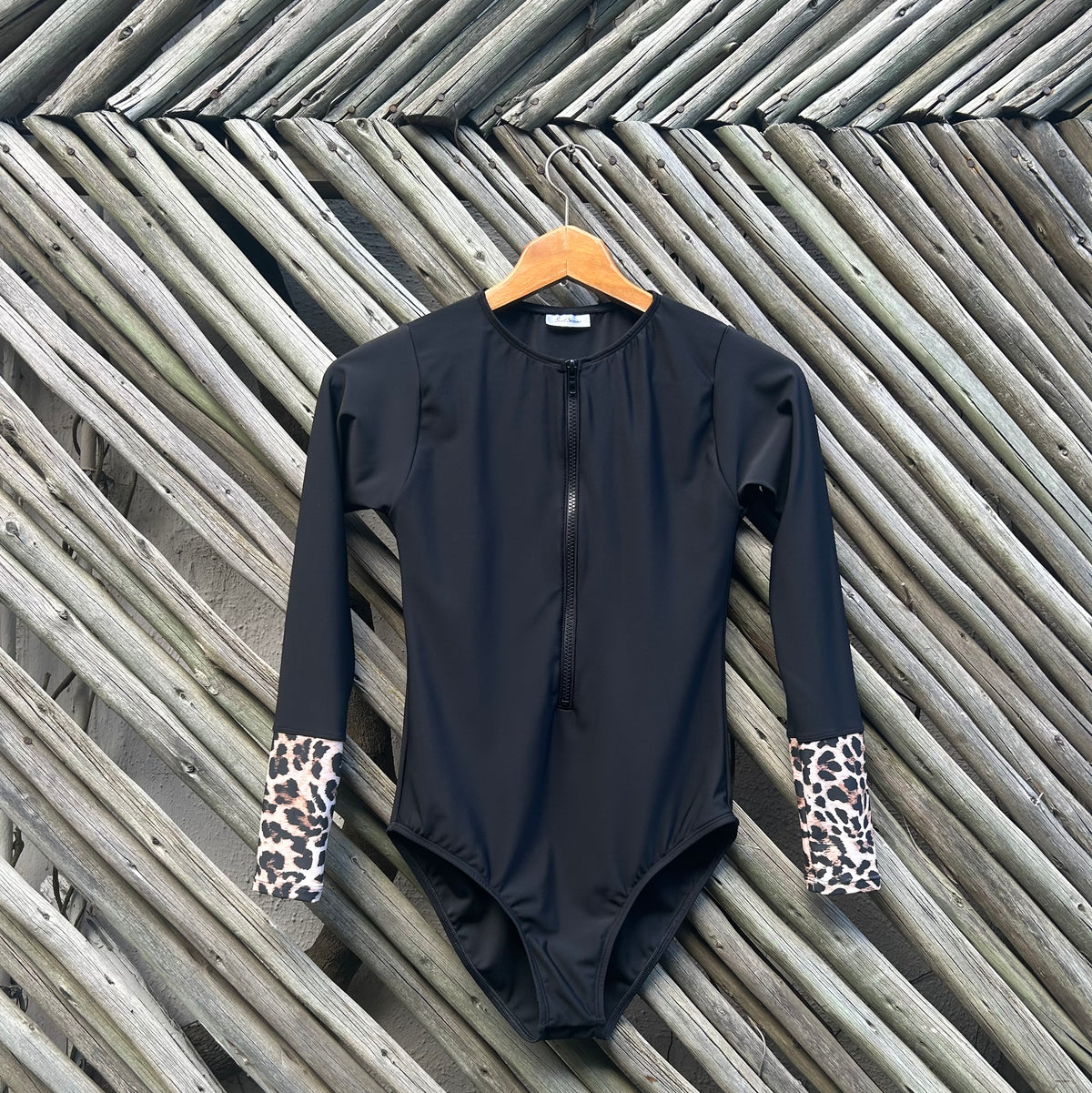 Classic Black Leopard Trim Front Zip Swimsuit